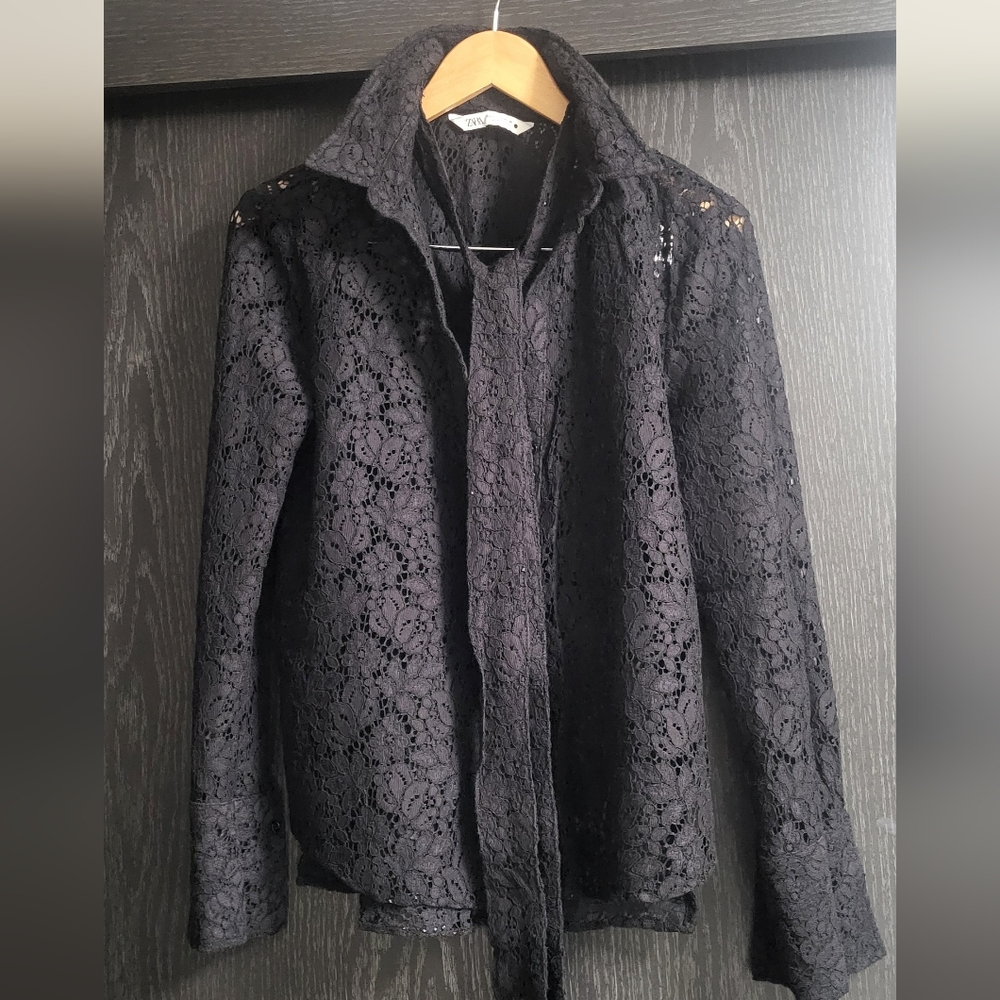 Zara Black Lace Button Down Shirt